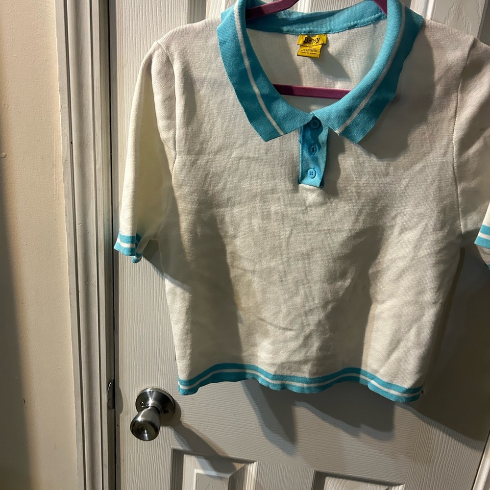 Daisy White and Blue Short Sleeve Polo